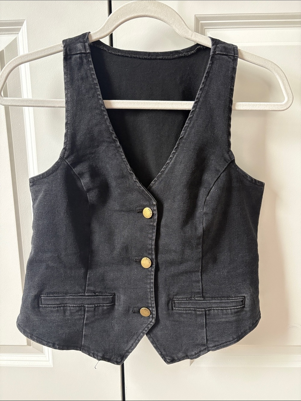 Black cropped denim vest with faux pockets